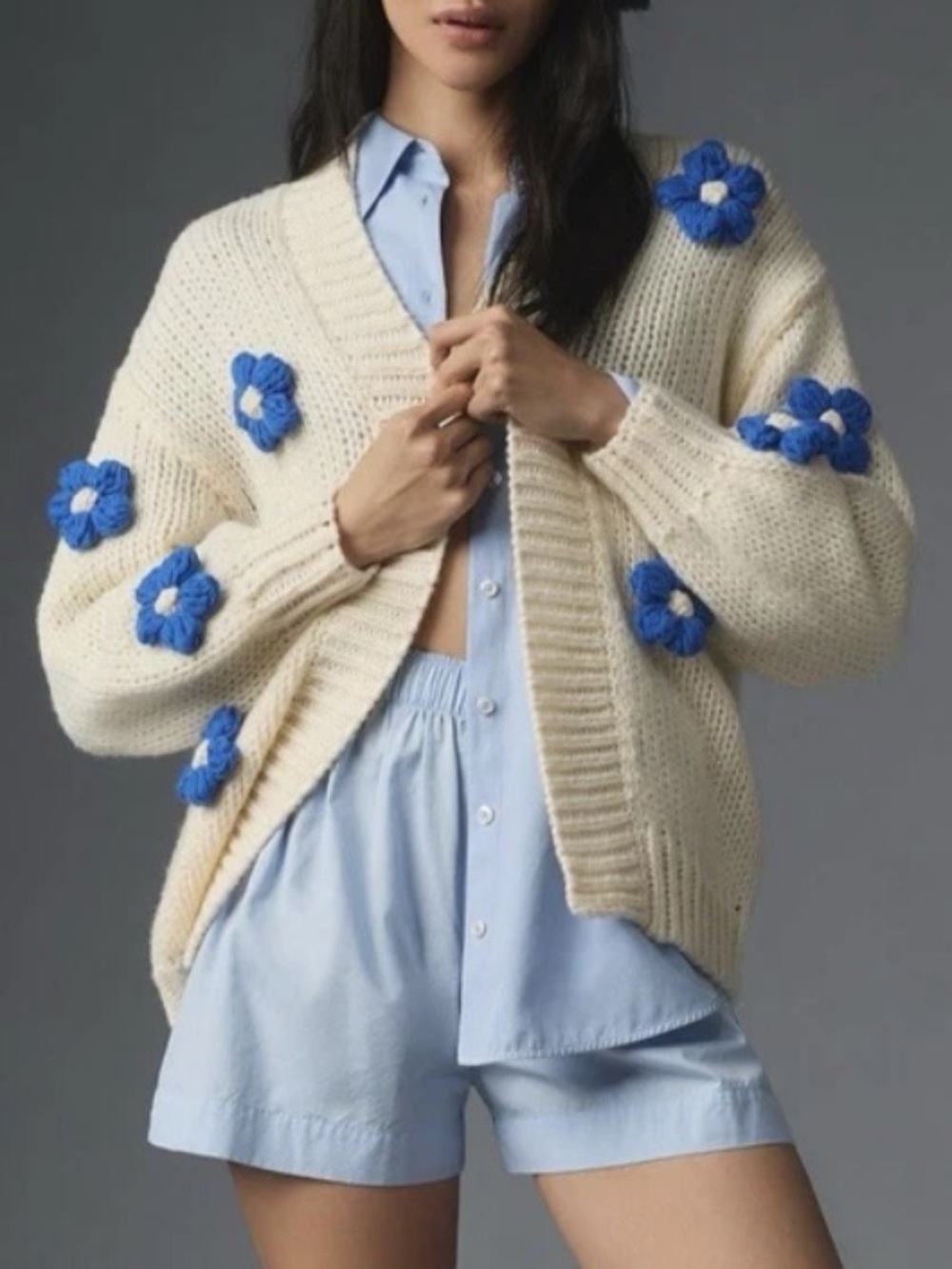 Maeve Anthropologie 3D Blue Floral Open Cream Knit Cardigan
